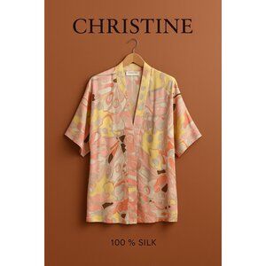 Christine Vancouver 100% Silk Short Robe Kimono Abstract Floral Print Pink Yello
